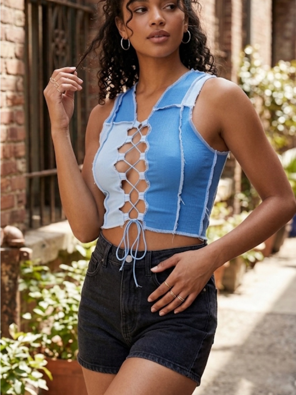 Trendy Blue‎ Lace-Up Women's Tank Top